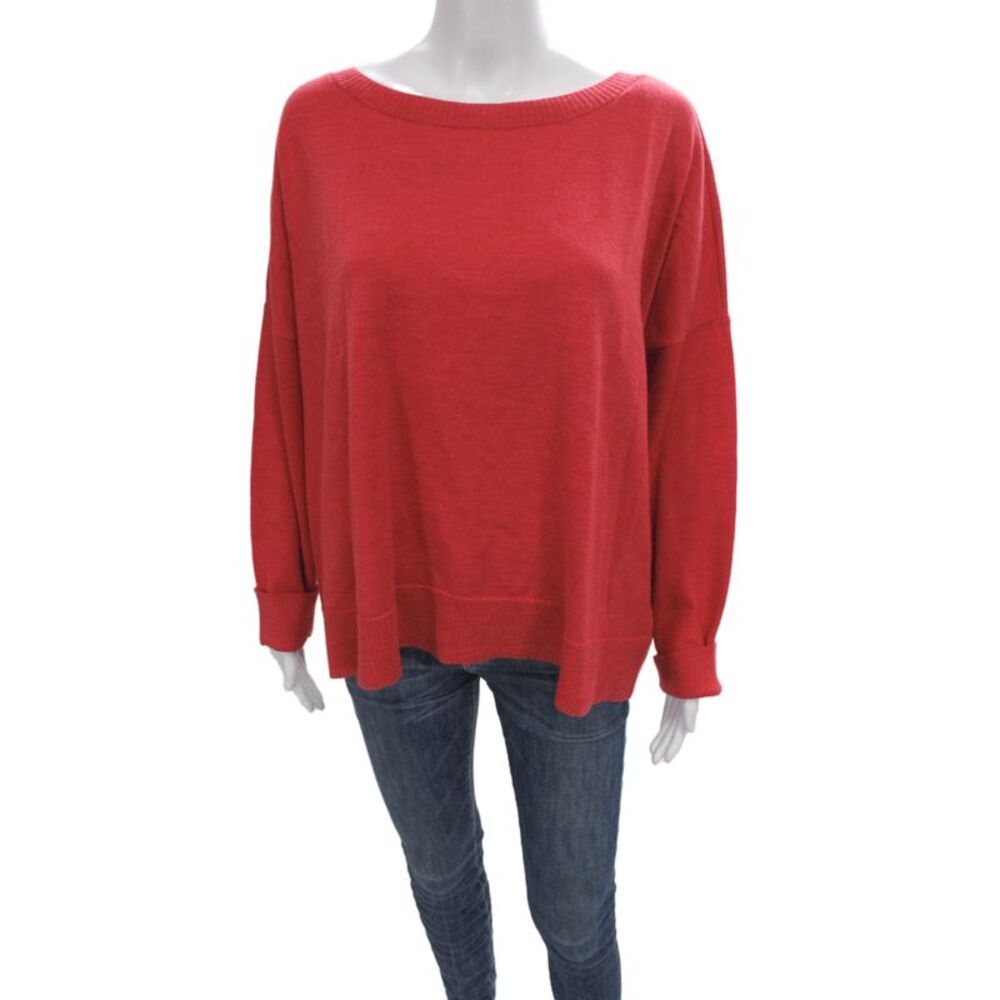 Eileen Fisher Women Pullover Sweater Red Merino Wool Boat Neck Size L